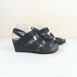 Aetrex Women Lexi Laser Triple Strap Wedge Sandals 7.5 Blue Leather Slingback